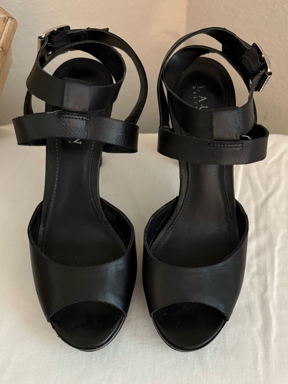 LRL RALPH LAUREN Black Leather Peep-toe Heels Size 7.5